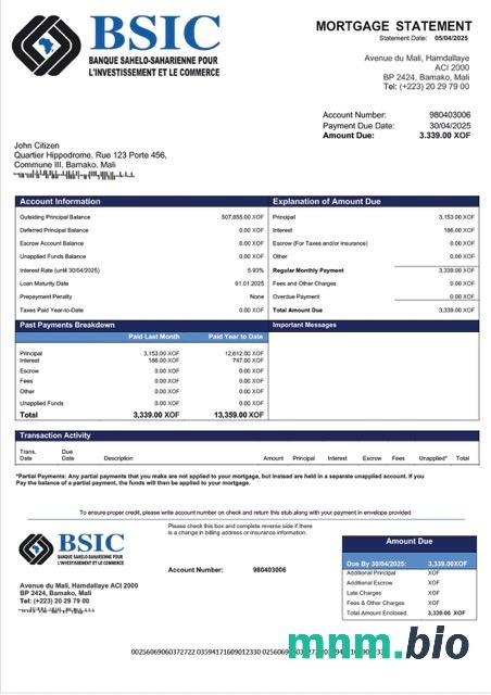 Mali BSIC Mali wyciąg z kredytu hipotecznego szablon Word i PDF